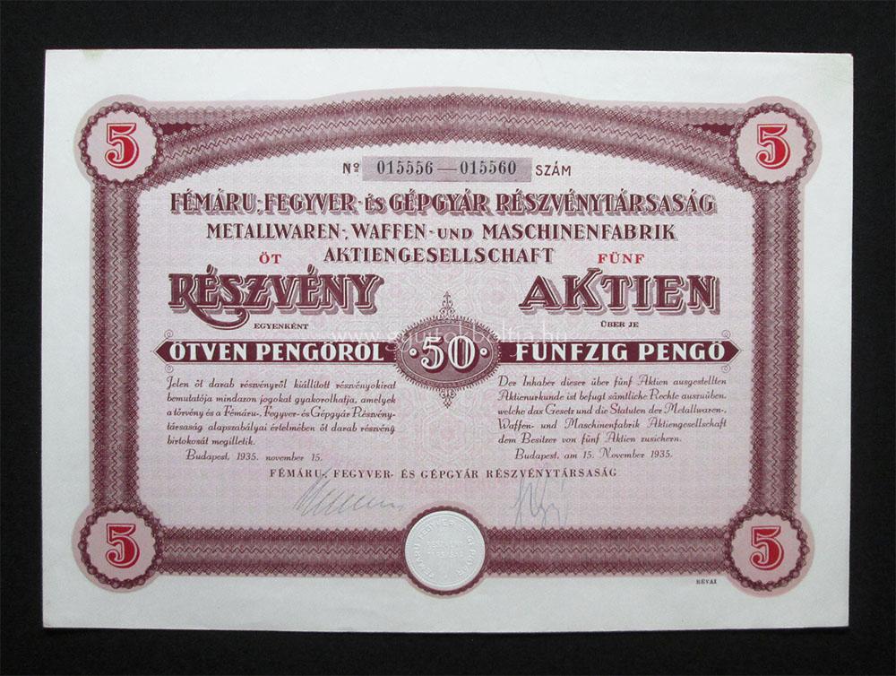 Fémáru-, Fegyver- és Gépgyár FÉG részvény 5x50 pengő 1935
